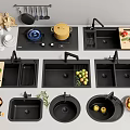 Modern Black Kitchen Sinks with Fruits Vegetables Cutting Boards and Kitchen Tools