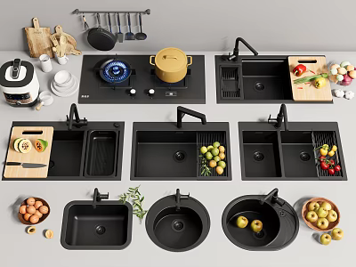 Modern Black Kitchen Sinks with Fruits Vegetables Cutting Boards and Kitchen Tools 3d model