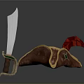 Brown Leather Pirate Hat With Red Feather And Metal Sword With Green Gem Handle