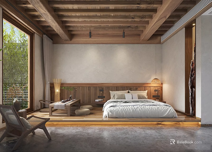 Minimalist Hotel Room With Wooden Ceiling King Bed Floor To Ceiling Window And Green Plants 3d model 
