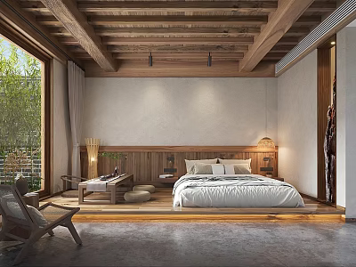 Minimalist Hotel Room With Wooden Ceiling King Bed Floor To Ceiling Window And Green Plants 3d model