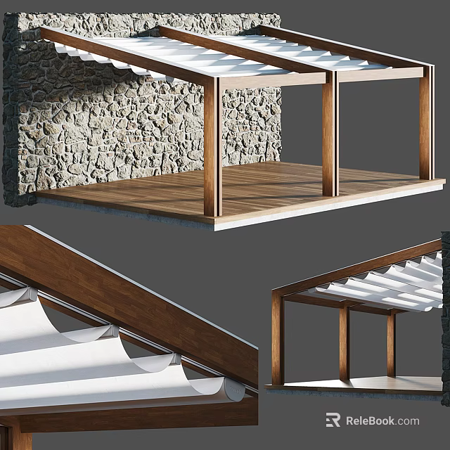 Outdoor Wooden Pergola Structure With Stone Wall Background And Roof Design 3d model 