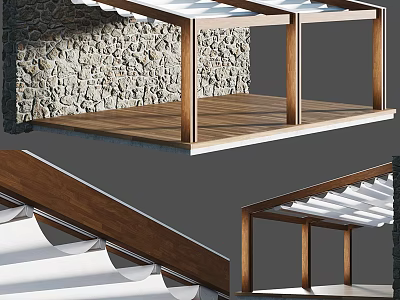 Outdoor Wooden Pergola Structure With Stone Wall Background And Roof Design 3d model