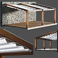 Outdoor Wooden Pergola Structure With Stone Wall Background And Roof Design
