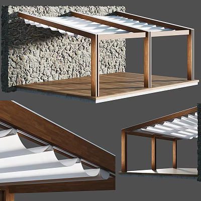 Outdoor Wooden Pergola Structure With Stone Wall Background And Roof Design 3d model