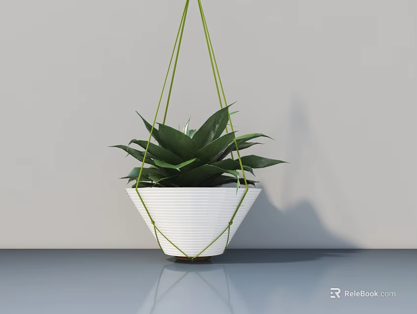 Lush Hanging Basket Plant With Green Leaves In White Pot On Smooth Indoor Surface 3d model 