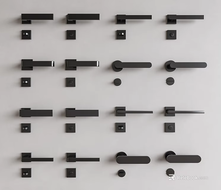 Various Black Door Handles with Different Designs Displayed on Grey Background 3d model 