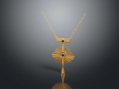 Gold Eye Pendant Necklace with Sunburst Design and Black Gemstone Accent 3d model
