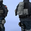 Back view of men in tactical gear with helmets backpacks knee pads and dark uniforms