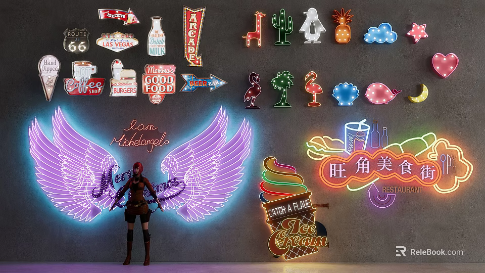 Vibrant Neon Decorative Lights with Wings Ice Cream Food and Cartoon Designs 3d model 