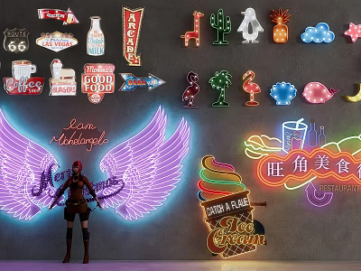 Vibrant Neon Decorative Lights with Wings Ice Cream Food and Cartoon Designs 3d model