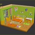 Cozy Bedroom Interior With Green Walls Orange Floor Bed Desk And Shelves