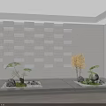 Bonsai Potted Plants In Modern Interior With White Geometric Wall And Wooden Floor