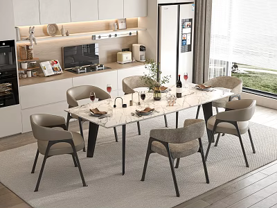 Modern Dining Table Set With Marble Top Accompanying Chairs In Open Kitchen 3d model