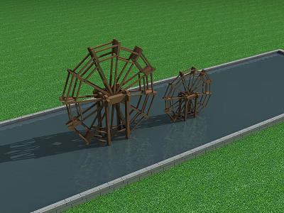 Wooden Water Wheels As Garden Ornaments Along Water Channel With Green Grass 3d model