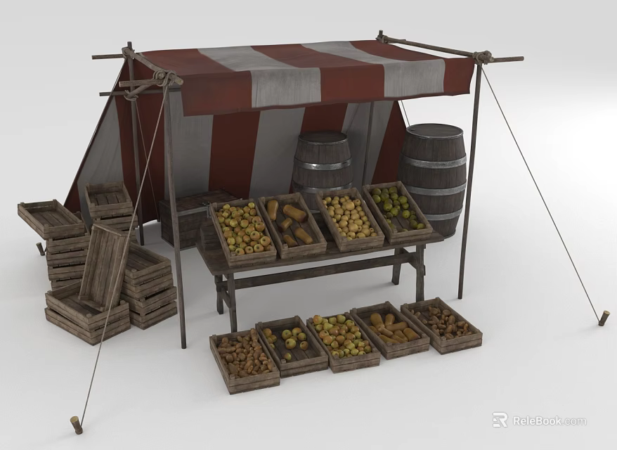Outdoor Market Stall With Red White Striped Awning Wooden Barrels Crates Displaying Fresh Fruits Vegetables 3d model 