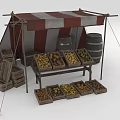 Outdoor Market Stall With Red White Striped Awning Wooden Barrels Crates Displaying Fresh Fruits Vegetables