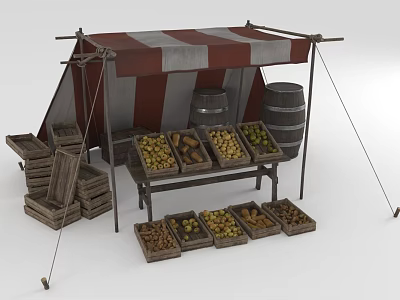 Outdoor Market Stall With Red White Striped Awning Wooden Barrels Crates Displaying Fresh Fruits Vegetables 3d model