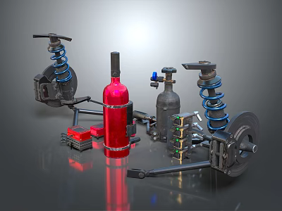 Automotive Tire With Suspension Coil Springs Shock Absorbers And Red Cylinder Components 3d model