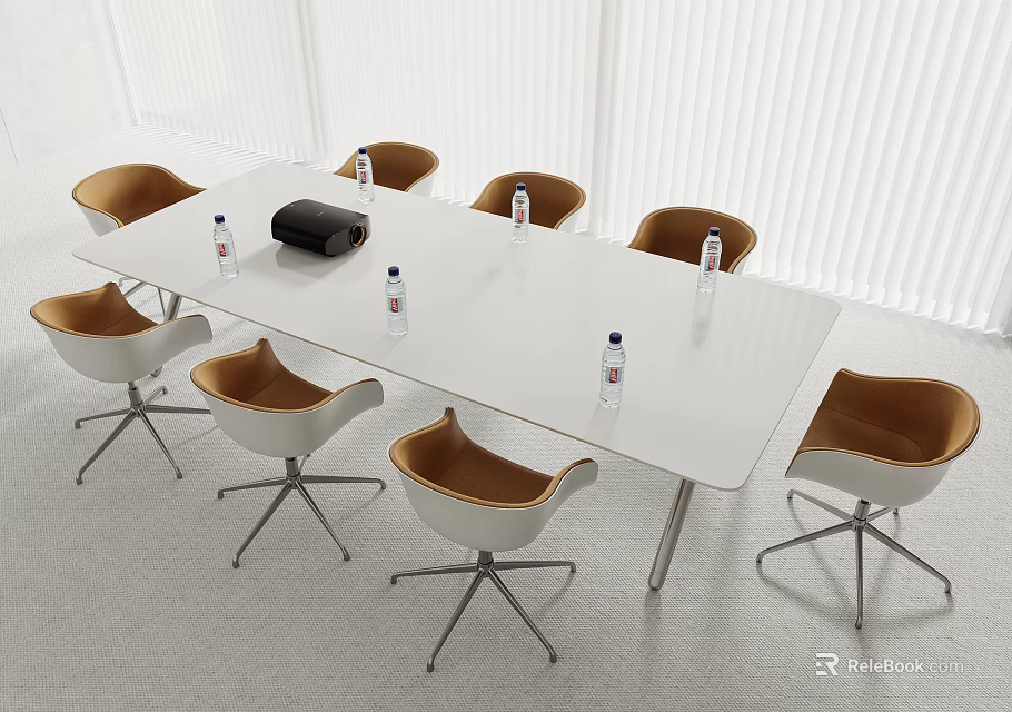 Modern White Conference Table With Metal Legs Brown White Chairs And Water Bottles 3d model 