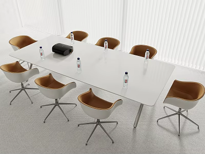Modern White Conference Table With Metal Legs Brown White Chairs And Water Bottles 3d model