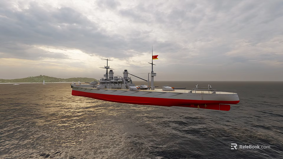 Large Battleship With Red And White Hull Sailing On Open Sea Under Cloudy Sky 3d model 