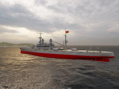 Large Battleship With Red And White Hull Sailing On Open Sea Under Cloudy Sky 3d model