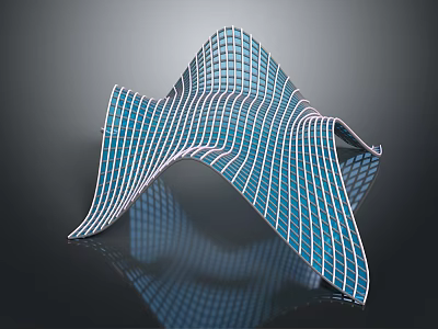 Cartoon Scene With Wavy Blue Grid Structure White Lines And Reflection On Black Background 3d model