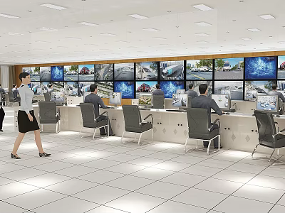 Monitoring Room Interior With Multiple Monitors And Staff Working At Control Desks 3d model