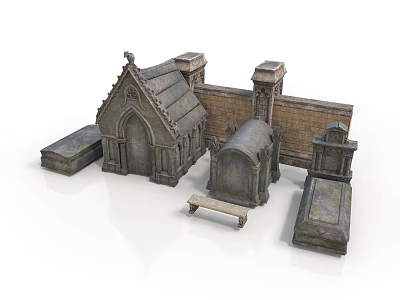 Ancient Stone Gothic Church Models With Tombstones Bench And Stone Wall 3d model