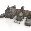 Ancient Stone Gothic Church Models With Tombstones Bench And Stone Wall