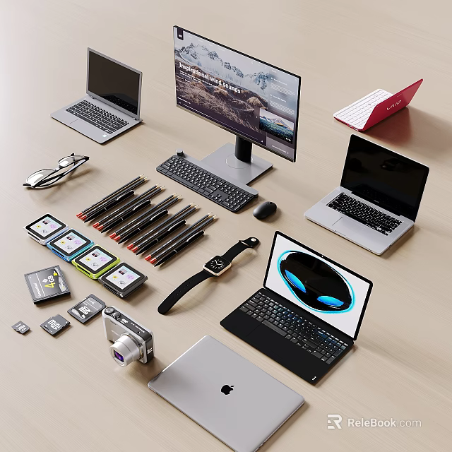 Modern Laptops Setup With Keyboard Mouse Smartwatch Pens Memory Cards And Camera 3d model 