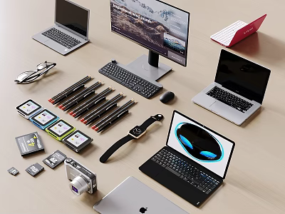 Modern Laptops Setup With Keyboard Mouse Smartwatch Pens Memory Cards And Camera 3d model
