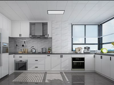 Modern Kitchen Interior with White Cabinets Marble Countertops Appliances and Windows 3d model