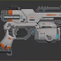 Futuristic Sci-Fi Gun Weapon Featuring Metal Construction And Orange Blue Accents Design