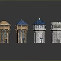Four Diverse Style Tower Architecture Models With Wooden Stone And Blue Roof Designs