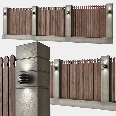 Decorative Wooden Fence With Concrete Posts And Exterior Lighting Design 3d model