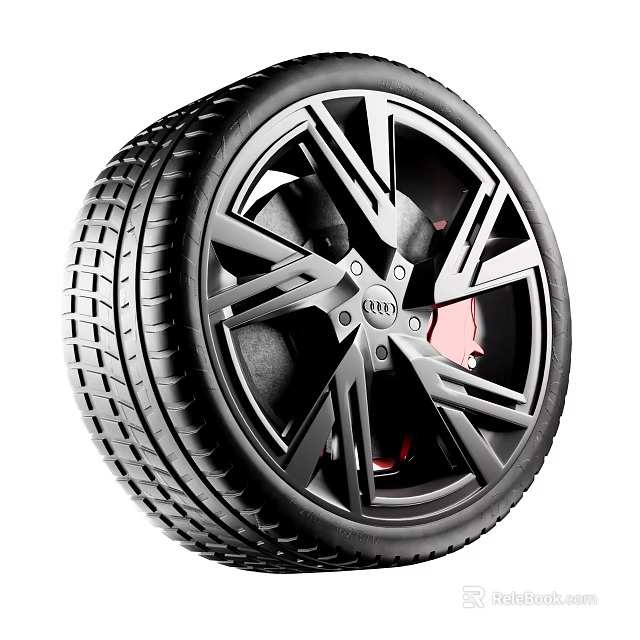 High Performance Tire With Black Alloy Rim And Red Brake Caliper Design Details 3d model 