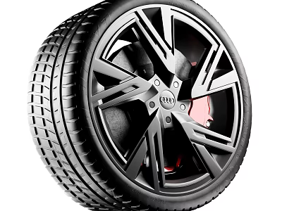 High Performance Tire With Black Alloy Rim And Red Brake Caliper Design Details 3d model