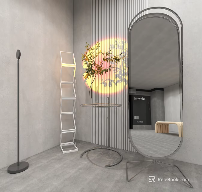 Modern Floor Lamp With Warm Light Near Plant Round Table And Mirror 3d model 