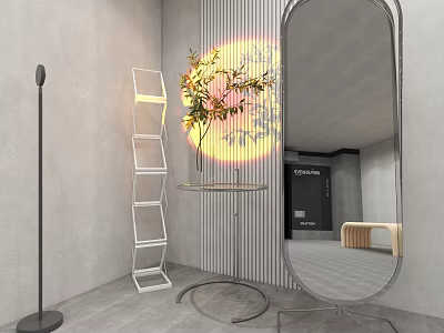 Modern Floor Lamp With Warm Light Near Plant Round Table And Mirror 3d model