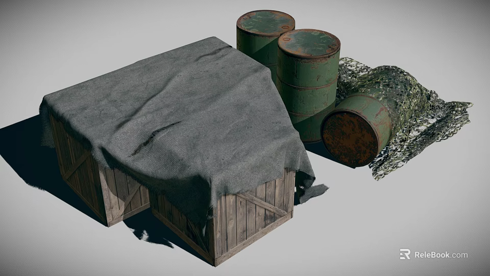 Wooden Crate Covered With Gray Cloth And Green Barrels With Tipped Barrel And Netting 3d model 