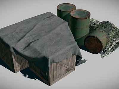 Wooden Crate Covered With Gray Cloth And Green Barrels With Tipped Barrel And Netting 3d model