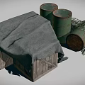 Wooden Crate Covered With Gray Cloth And Green Barrels With Tipped Barrel And Netting