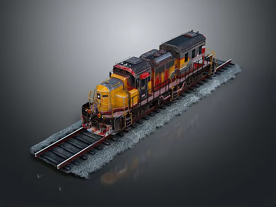 Detailed Model Yellow And Red Freight Locomotive With Flame Design On Railway Track 3d model