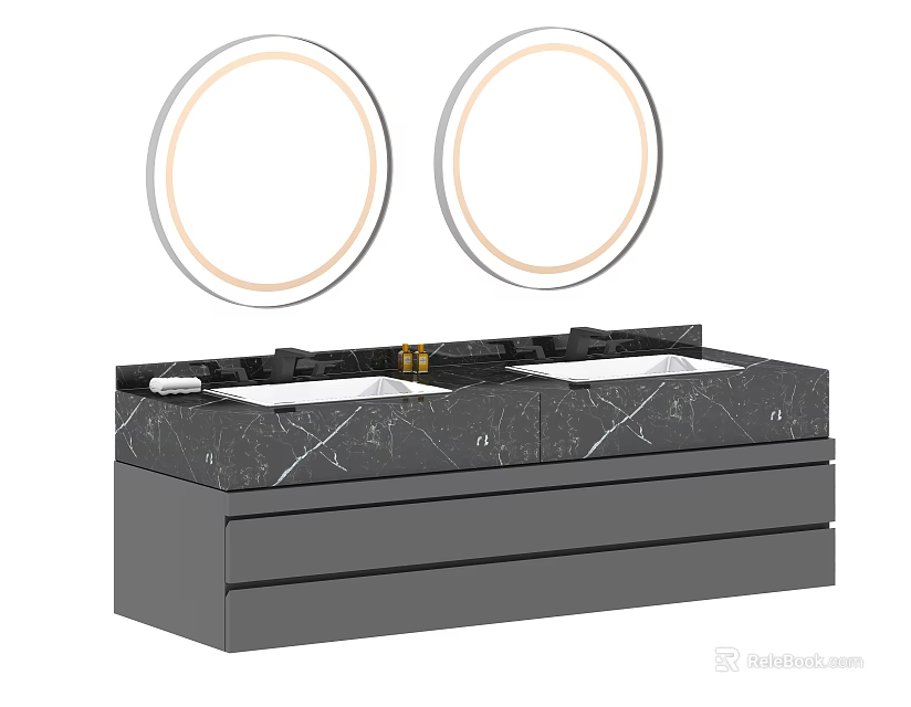 Modern Double Sink Vanity With Marble Countertop And Round Backlit Mirrors 3d model