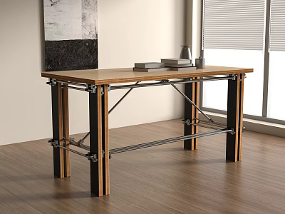 Modern Wooden Desk With Metal Brackets And Books On Top In Bright Room 3d model