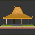 Cartoon Style Traditional Pavilion With Yellow Curved Eaves Roof Green Base And Clear Reflection