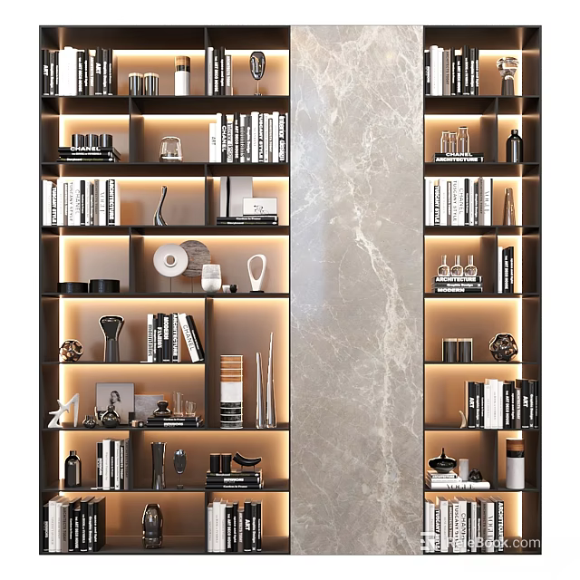 Modern Shelving Unit With Built In Lighting Books And Decorative Items On Marble Backdrop 3d model 