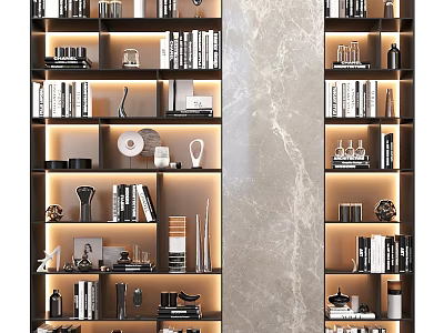 Modern Shelving Unit With Built In Lighting Books And Decorative Items On Marble Backdrop 3d model